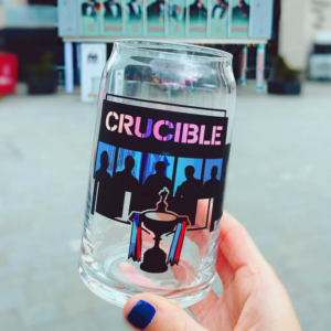 pint glass with image of Sheffield Crucible theatre and snooker players