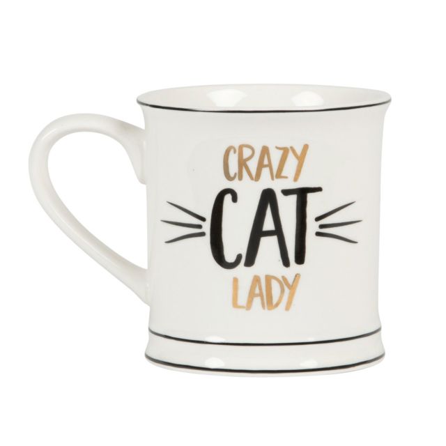 white mug with black and gold crazy cat lady slogan by sass and belle