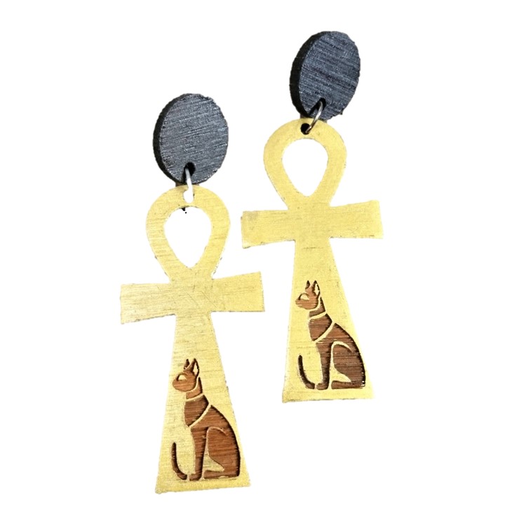 eco friendly bamboo ankh cross earrings with cats