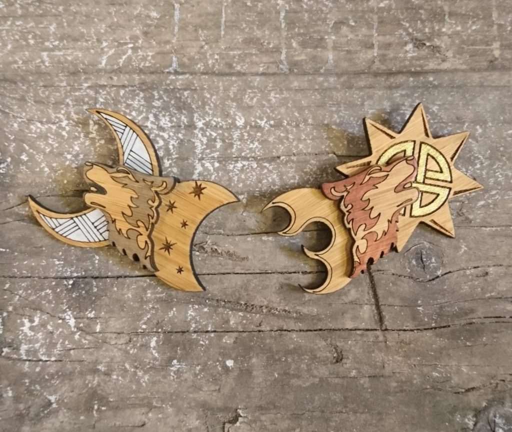 eco friendly bamboo brooch set of skoll and hati norse mythology wolves