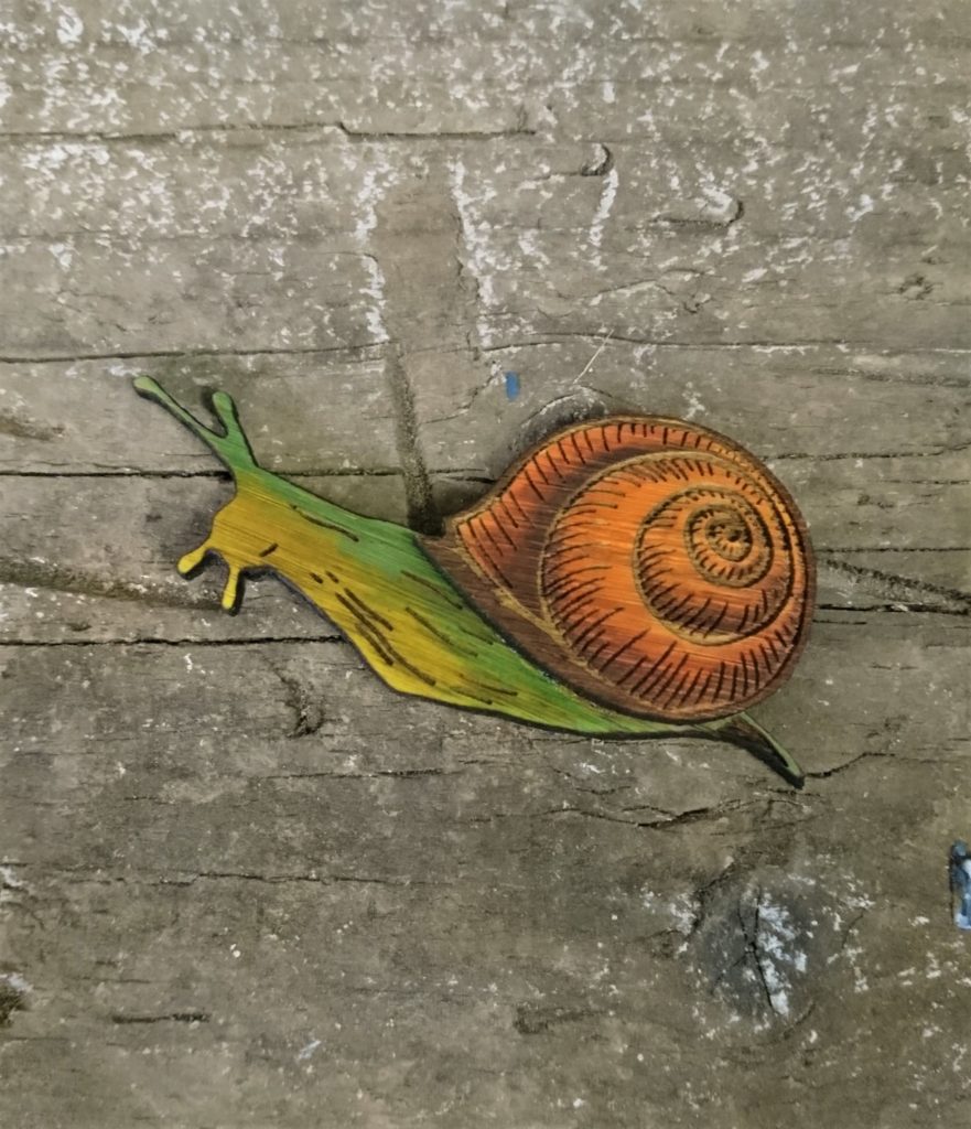 brown and green eco friendly bamboo snail brooch
