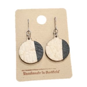 round dangly earrings in cream and black made with vegan friendly pinatex