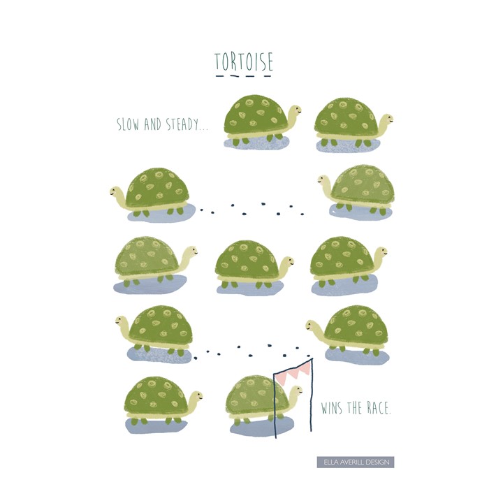 A4 print showing a tortoise winning the race
