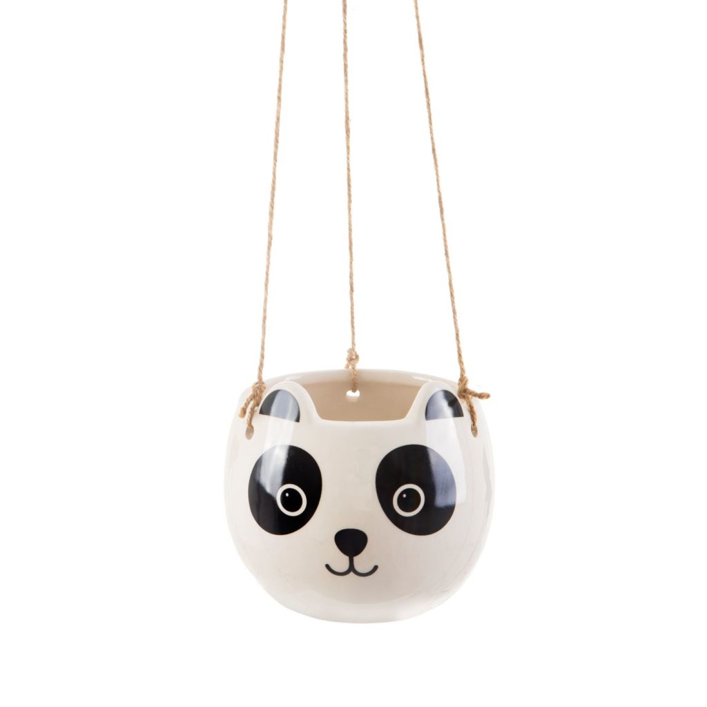 black and white hanging ceramic panda plant pot
