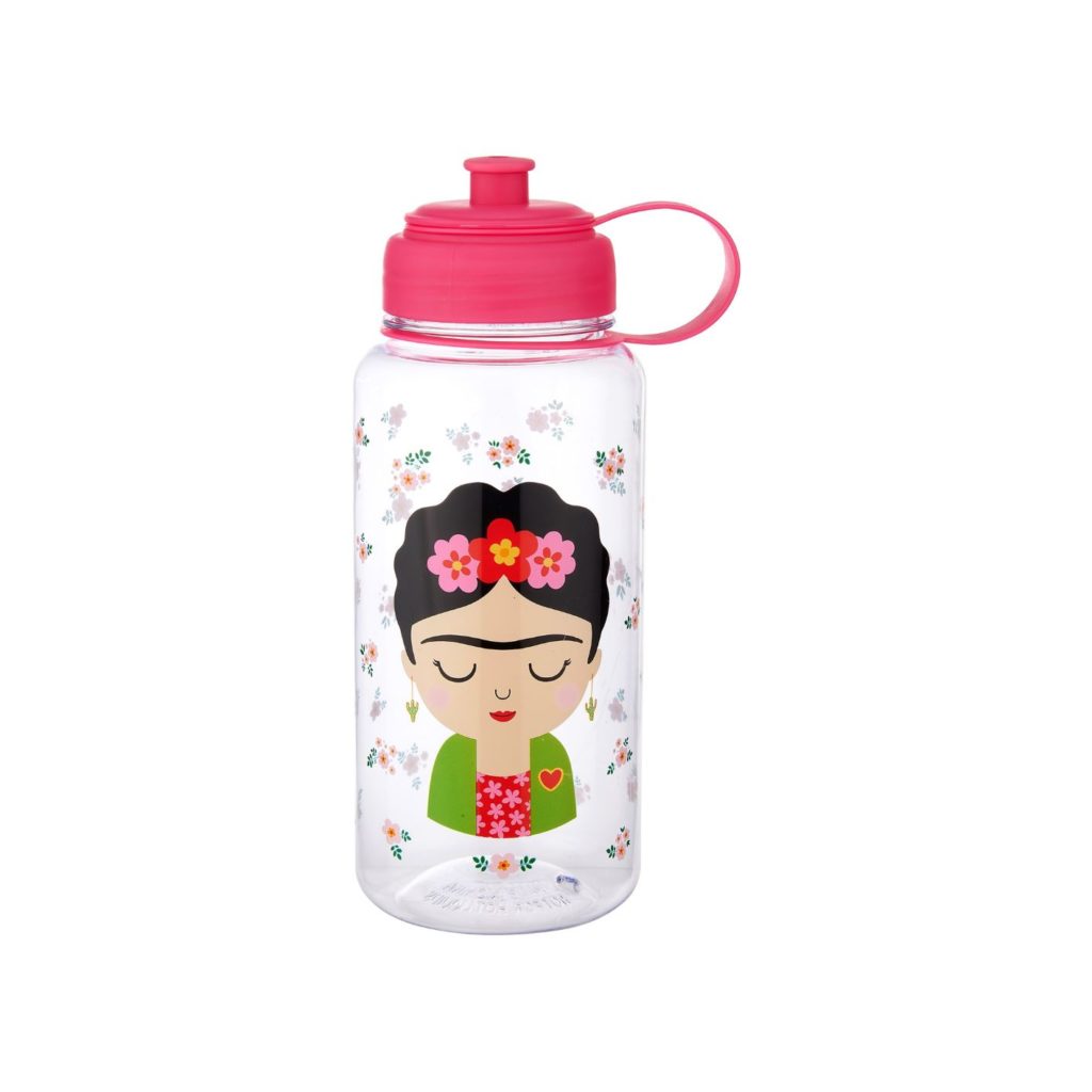 plastic water bottle with illustrated frida kahlo and floral images