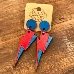blue red handmade lightning sustainable wood earrings