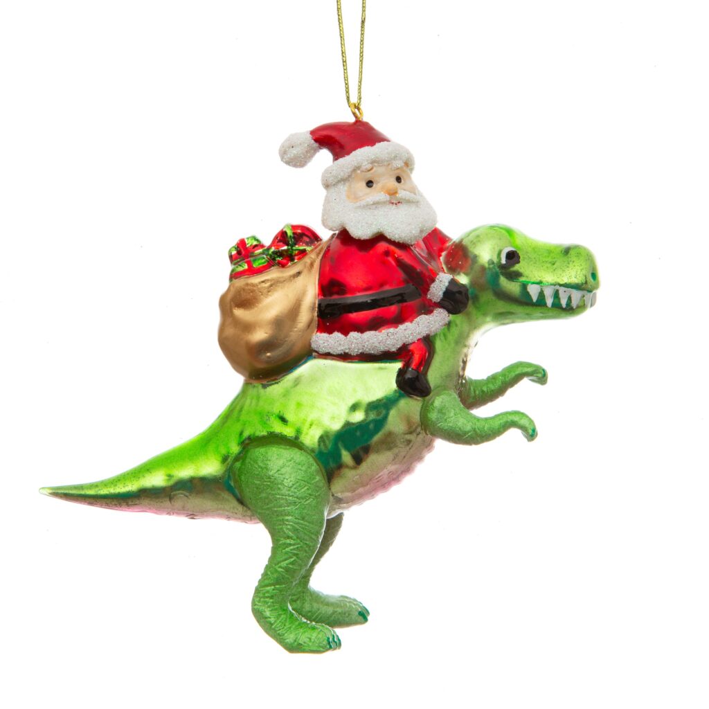 santa riding a trex dinosaur christmas tree ornament