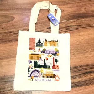 cream canvas shopping tote bag with illustrations of sheffield places