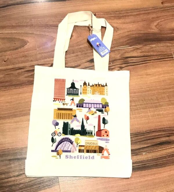 cream canvas shopping tote bag with illustrations of sheffield places