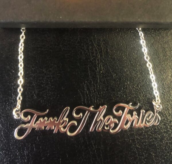 surgical steel silver tone necklace with f**k the tories words