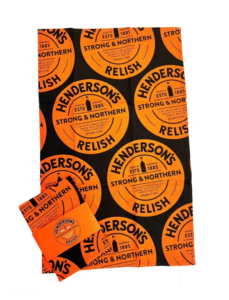 black and orange cotton and linen tea towel featuring Sheffield Henderson's relish logo