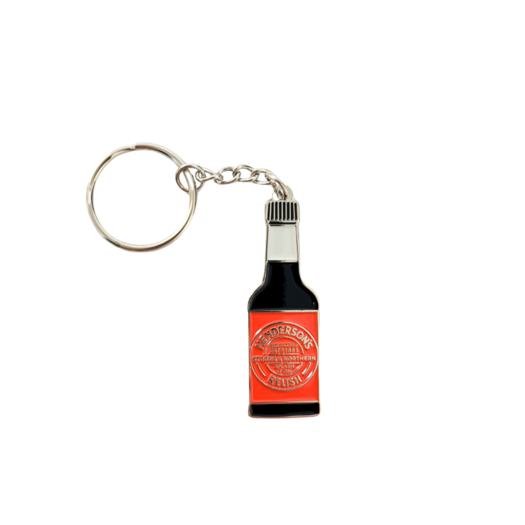 black and orange keyring in the shape of a henderson's relish bottle