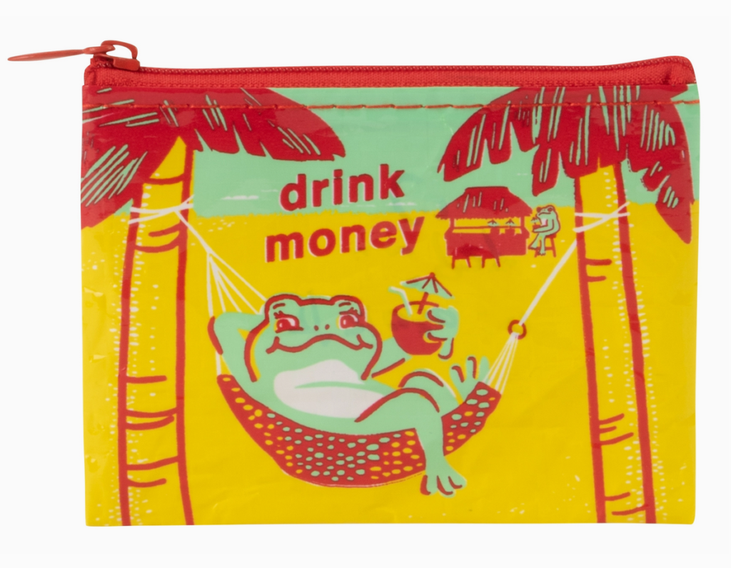 small yellow purse with zip across top and an picture of a frog in a hammock
